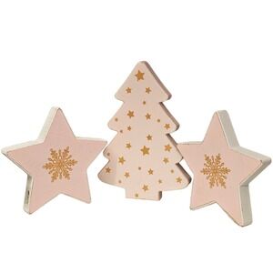 NEW Set of 3 Pink Christmas Tree Star Wooden Shelf Decor Holiday Tabletop Accent